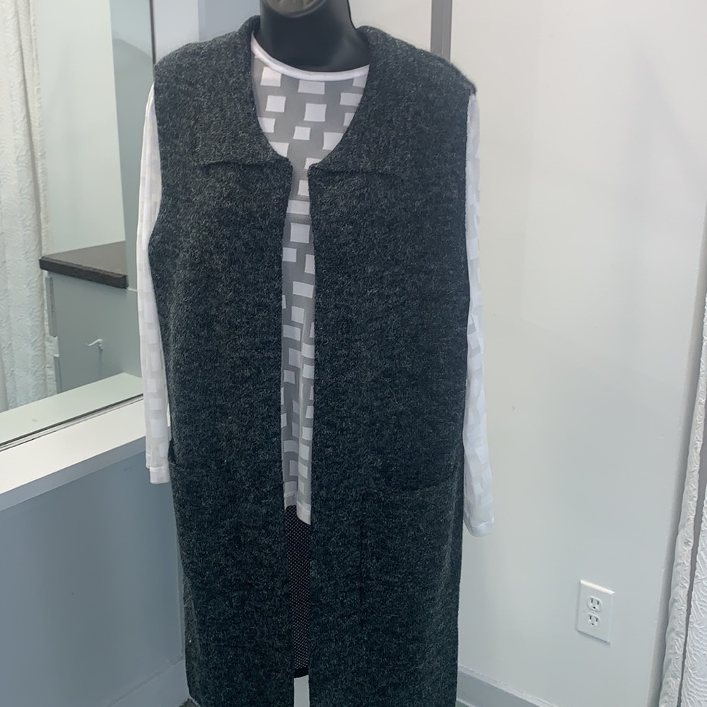 Baciano long sweater vest in gray. Brand new, with tags. Must have for winter!